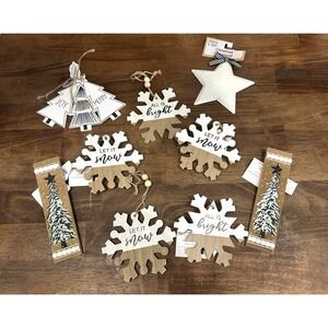 Lot Of 11 Rustic Wooden Snowflake Christmas Tree Star Ornaments Farmhouse Decor